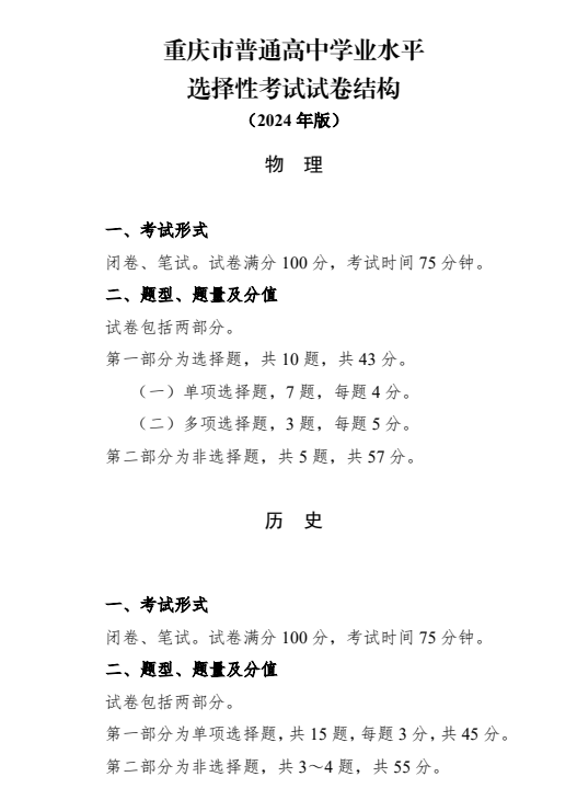 重庆市普通高中学业水平选择性考试试卷结构（2024 年版）