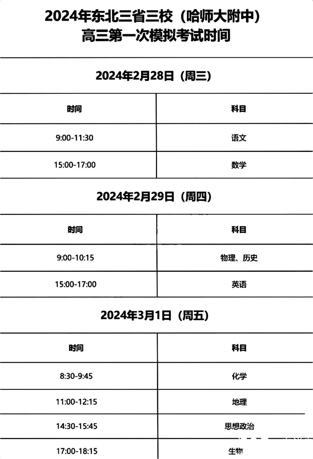 2024东北三省三校高三第一次模拟考试时间安排