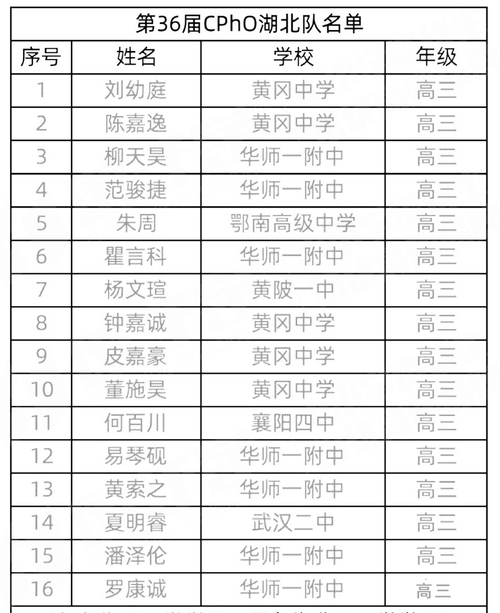 2019年第36届全国中学生物理竞赛湖北省16人进入省队名单