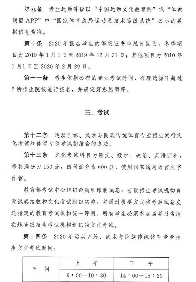 2020年普通高等学校运动训练、武术与民族传统体育专业招生管理办法