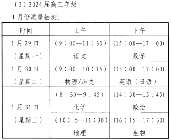 2024福建福州高三1月质检考试时间安排