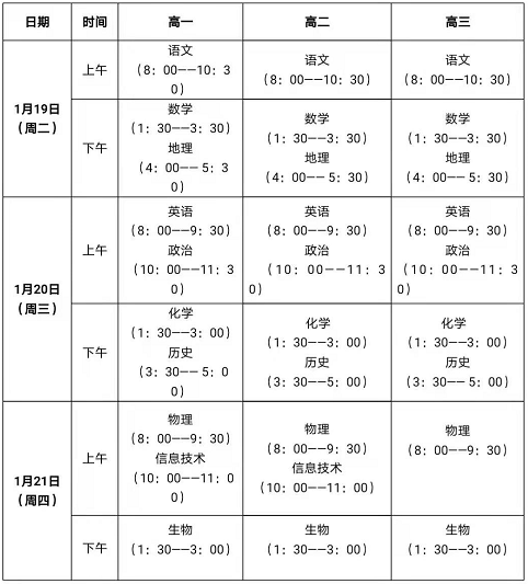 2020-2021学年昌平区高中第一学期期末考试时间安排