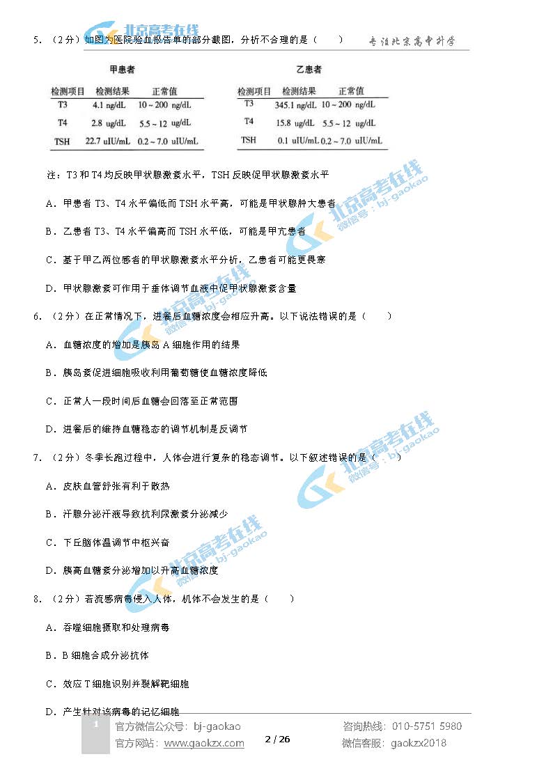 2020北京房山区高二（上）期末试题生物试题及答案