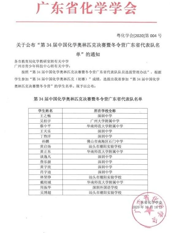 广东省2020年第34届化学初赛省队16人获奖名单