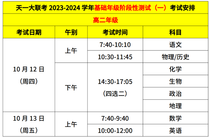 2024天一大联考高二年级阶段性测试（一）考试时间安排
