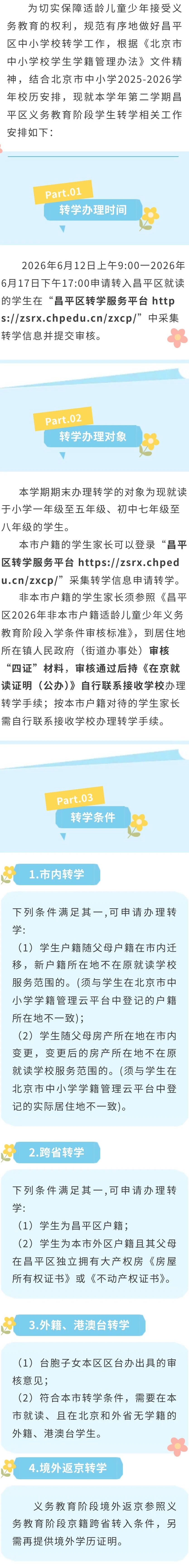 北京昌平区2025-2026学年度第二学期义务教育阶段转学通知