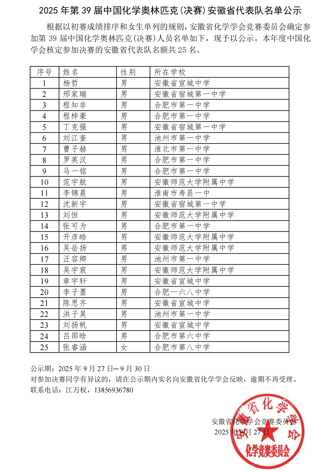 2025第39届化学竞赛安徽赛区省队获奖名单