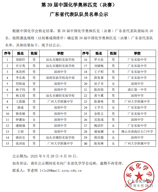 2025第39届化学竞赛广东赛区省队获奖名单