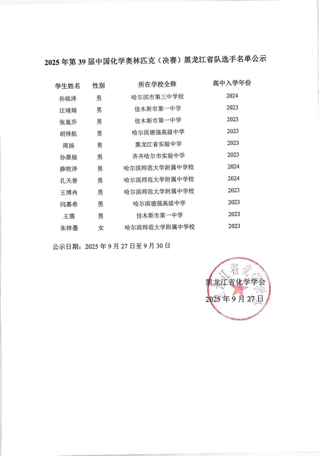 2025第39届化学竞赛黑龙江赛区省队获奖名单