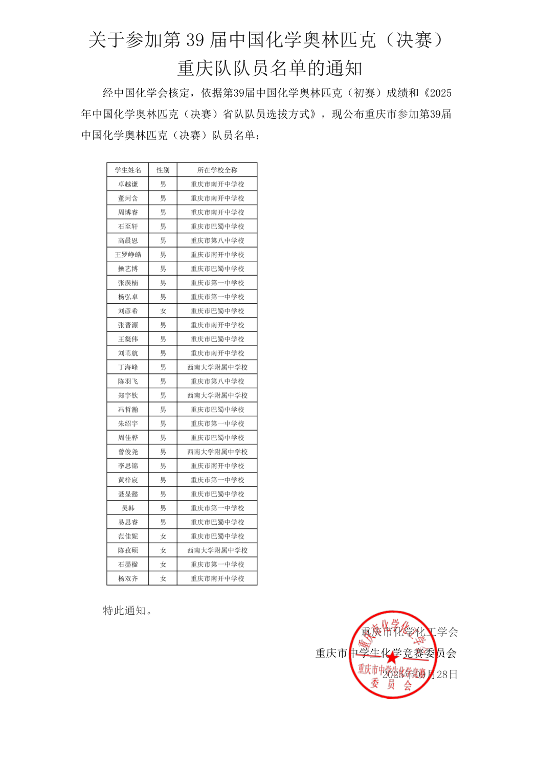 2025第39届化学竞赛重庆赛区省队获奖名单
