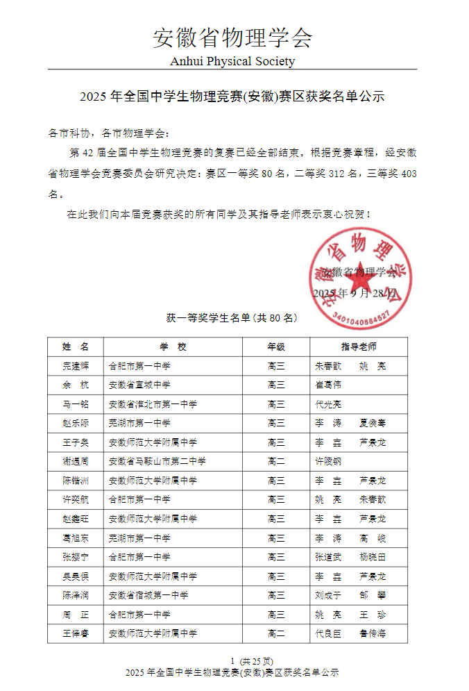 2025第42届物理竞赛安徽赛区省一名单