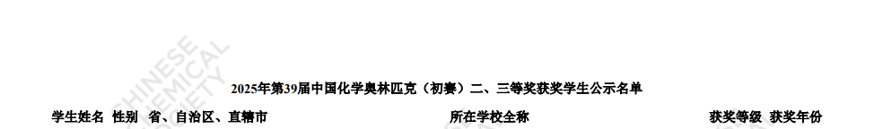 2025浙江赛区第39届化学竞赛初赛省三获奖名单
