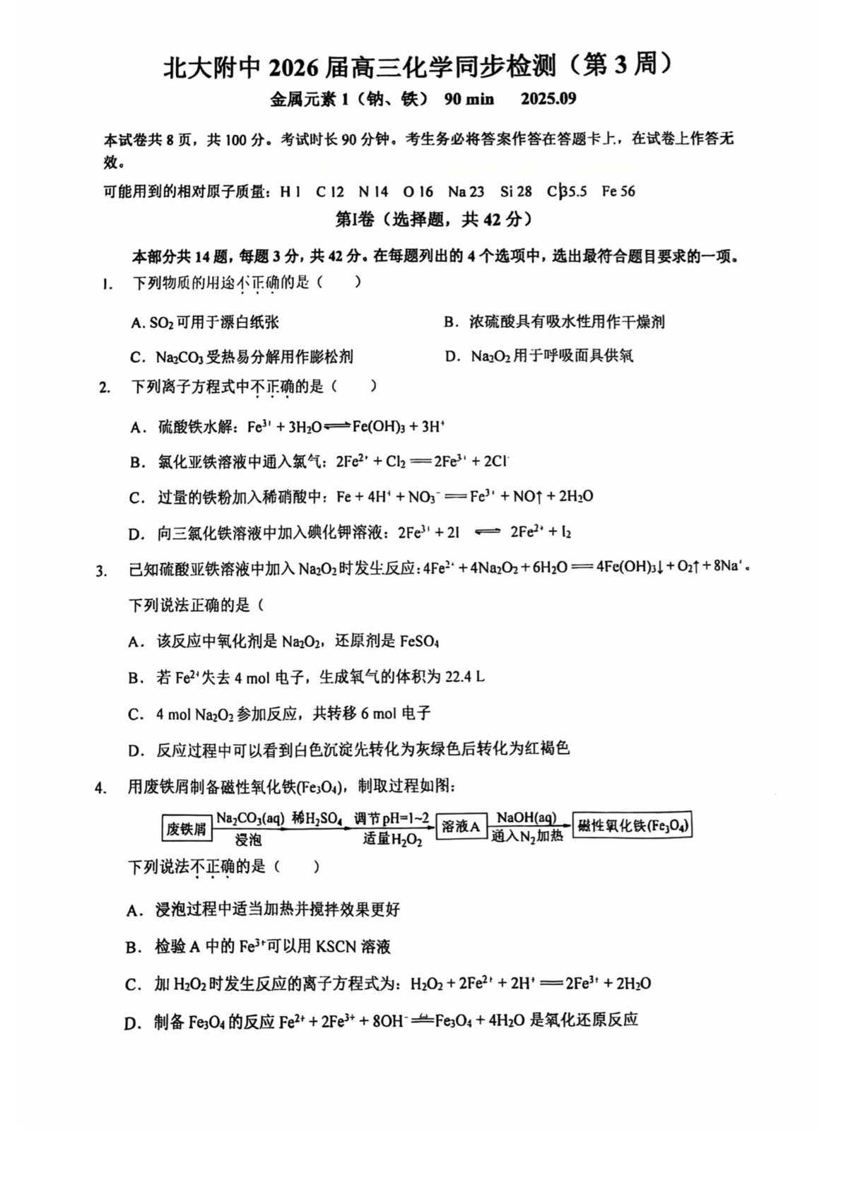2025-2026学年北大附中高三统练三化学试题及答案