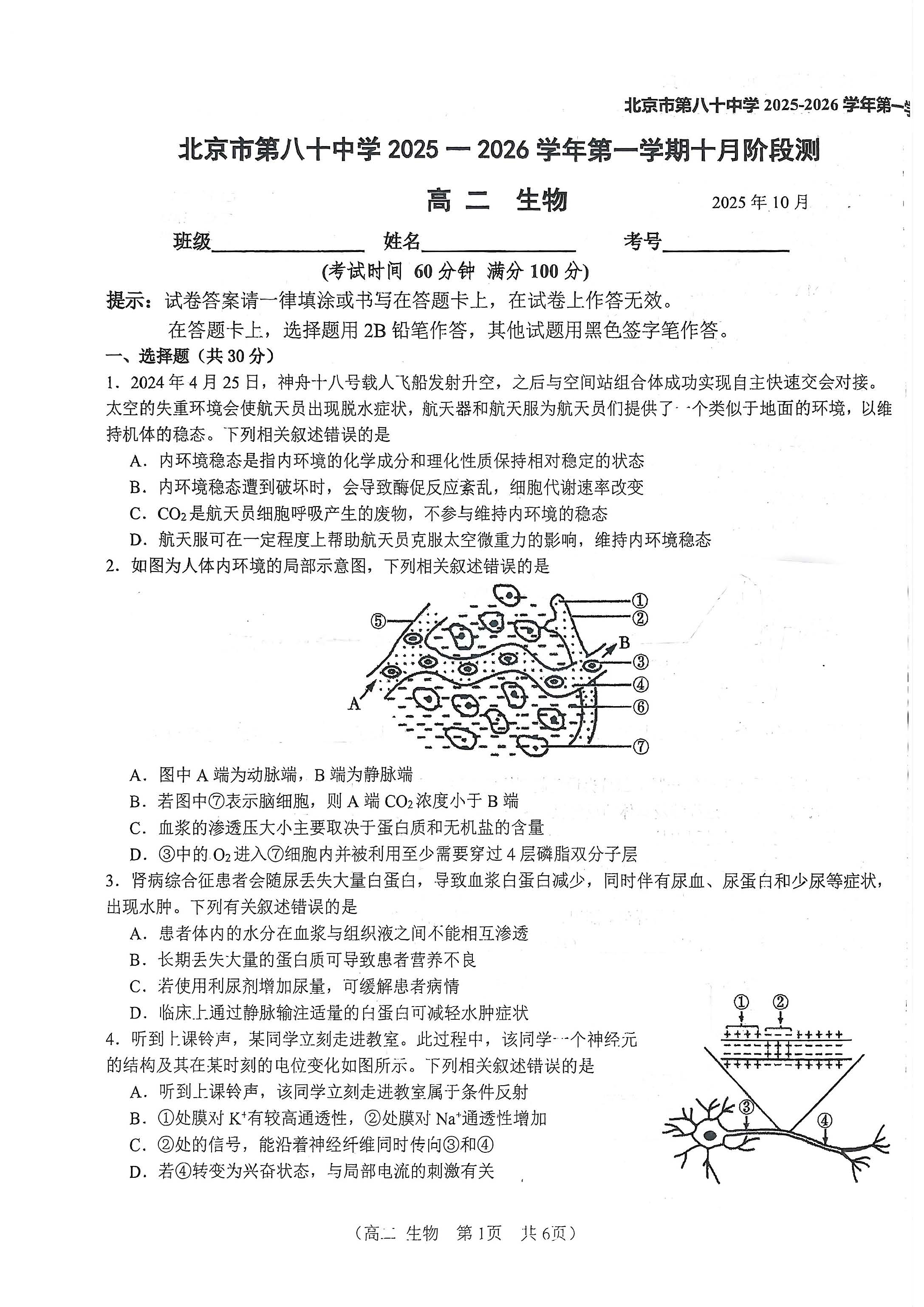 2025-2026学年北京八十中高二10月月考生物试题及答案