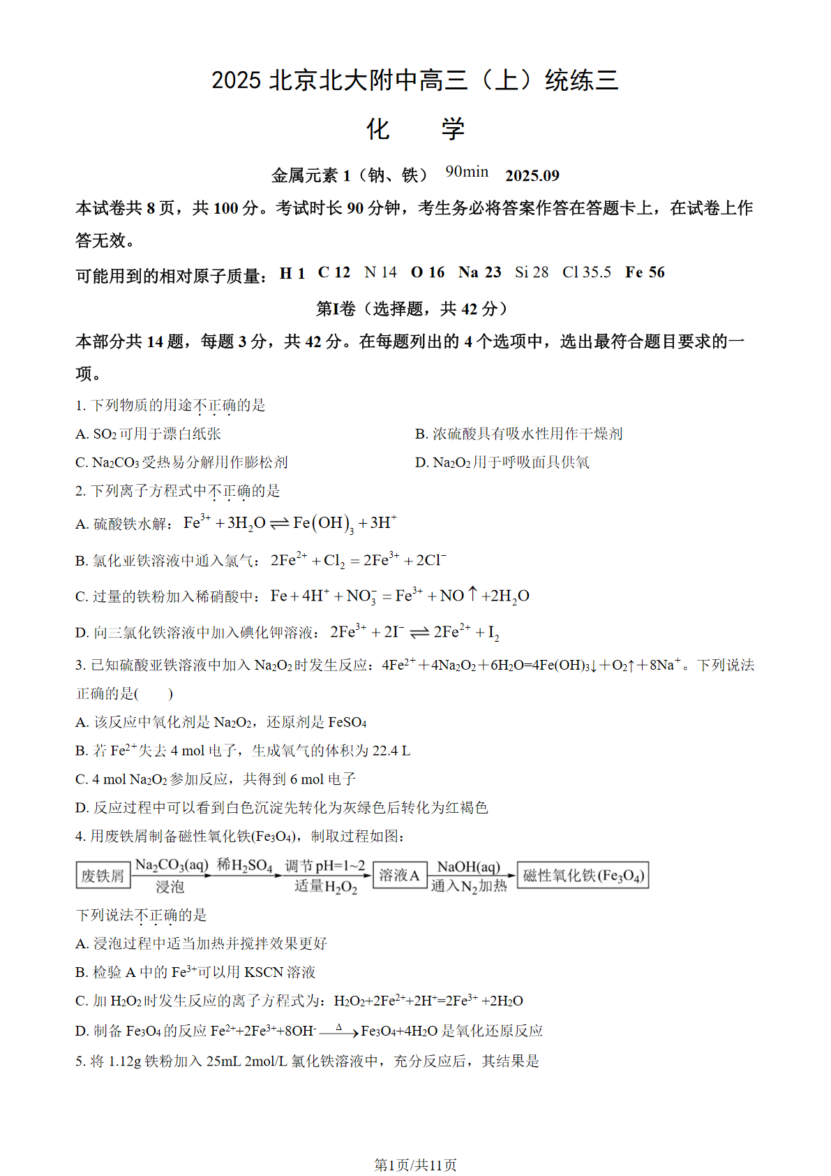 2025-2026学年北大附中高三统练三化学试题及答案