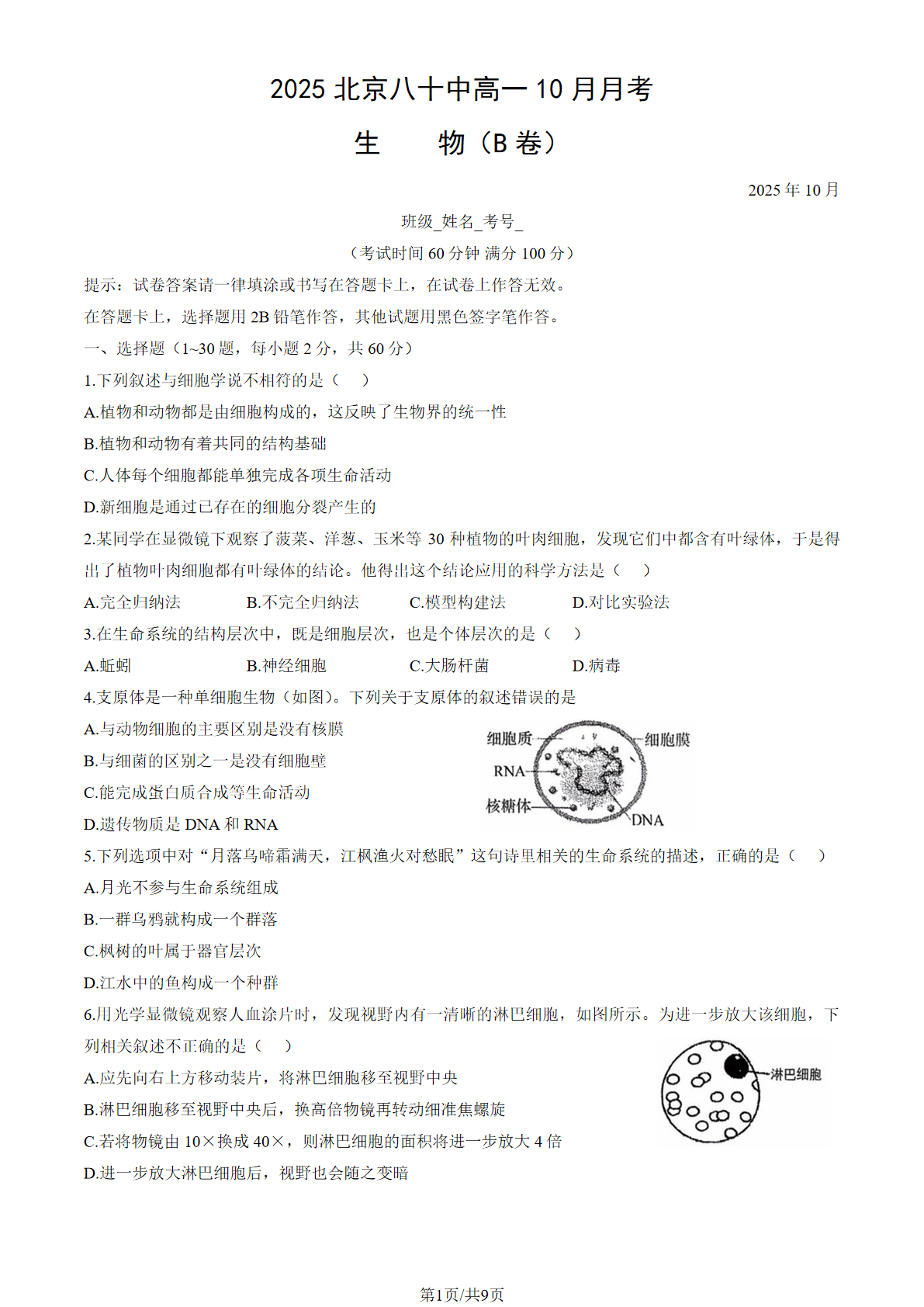 2025-2026学年北京八十中高一10月月考生物试题及答案