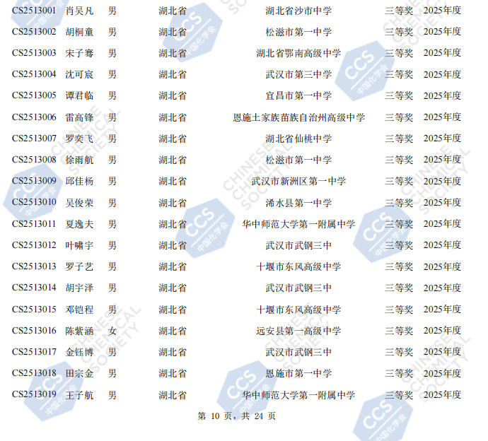2025第39届化学竞赛初赛湖北赛区省三获奖名单