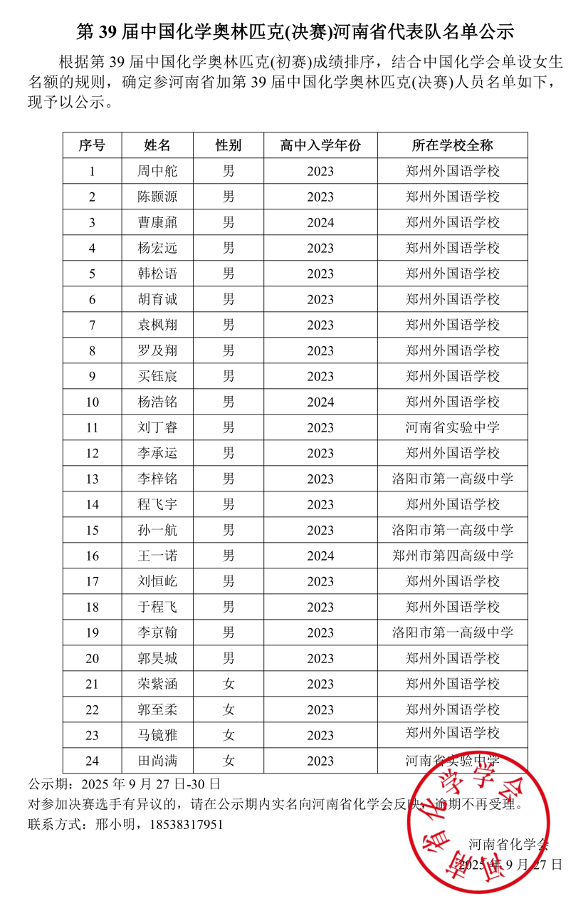 2025第39届化学竞赛河南赛区省队获奖名单