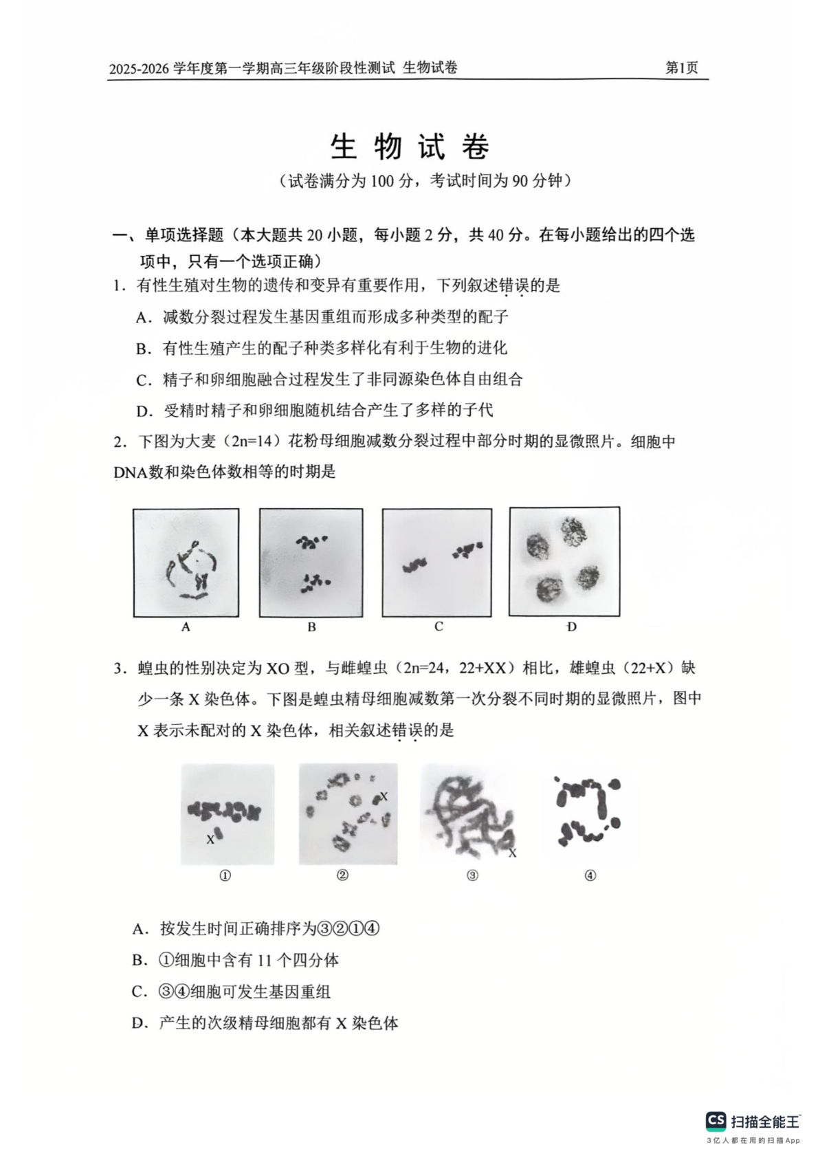 2025-2026学年北京四中高三10月月考生物试题及答案