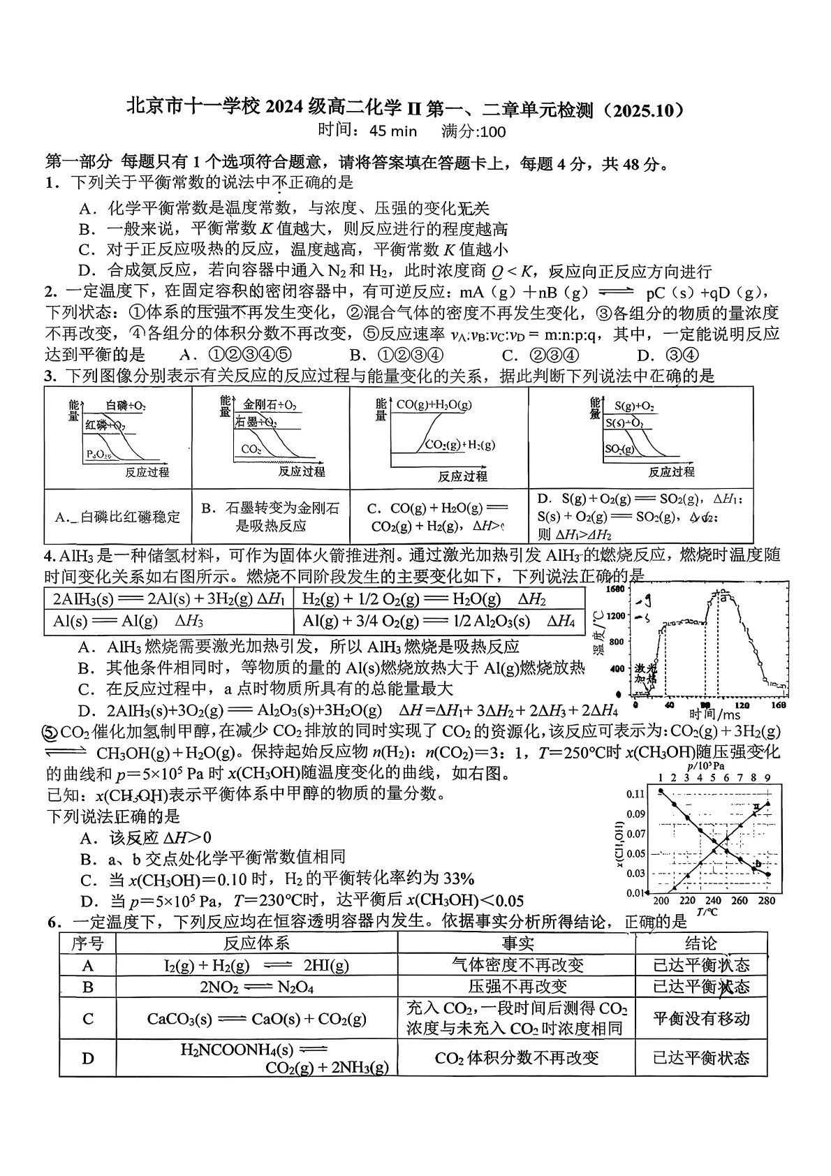 2025-2026学年北京十一学校高二10月月考化学试题及答案