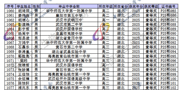 2025第42届物理竞赛湖北赛区省一名单