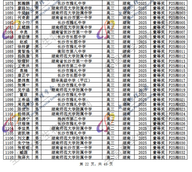 2025第42届物理竞赛湖南赛区省一名单