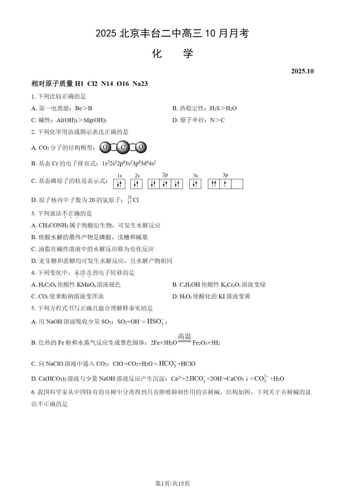 2025-2026学年北京丰台二中高三10月月考化学试题及答案