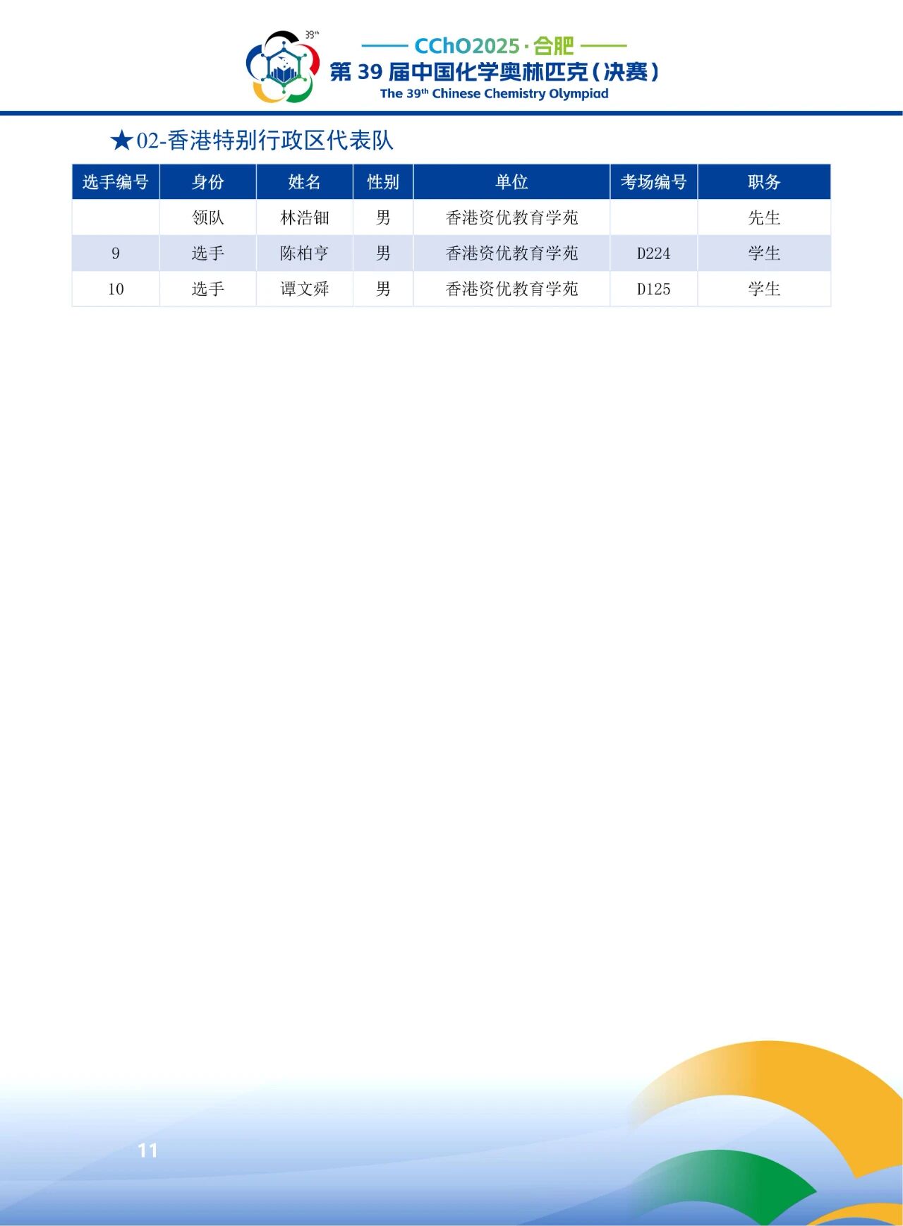 2025第39届化学竞赛香港赛区省队获奖名单
