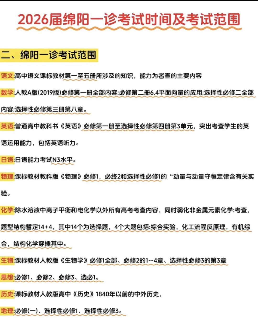 2026届四川绵阳一诊各科试题及答案汇总