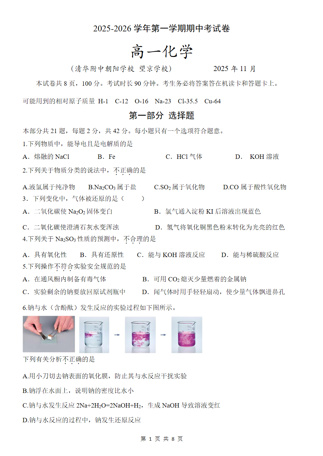 2025-2026学年北京清华附中朝阳学校高一上学期期中化学试题及答案