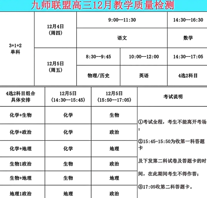 2026届九师联盟高三教学质量监测12月联考考试时间安排