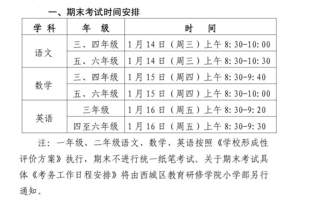 2025-2026学年北京西城区小学期末考试时间及考试范围