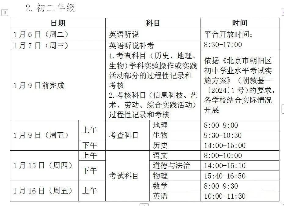 2025-2026学年北京朝阳区初二期末考试具体时间安排