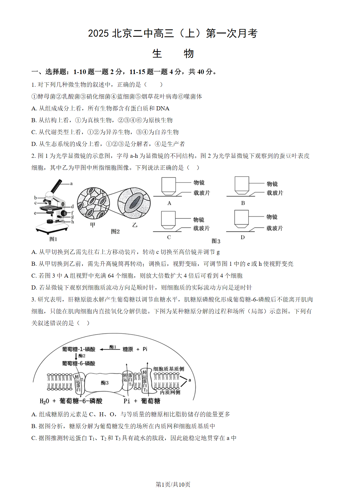 2025-2026学年北京二中高三第一次月考生物试题及答案