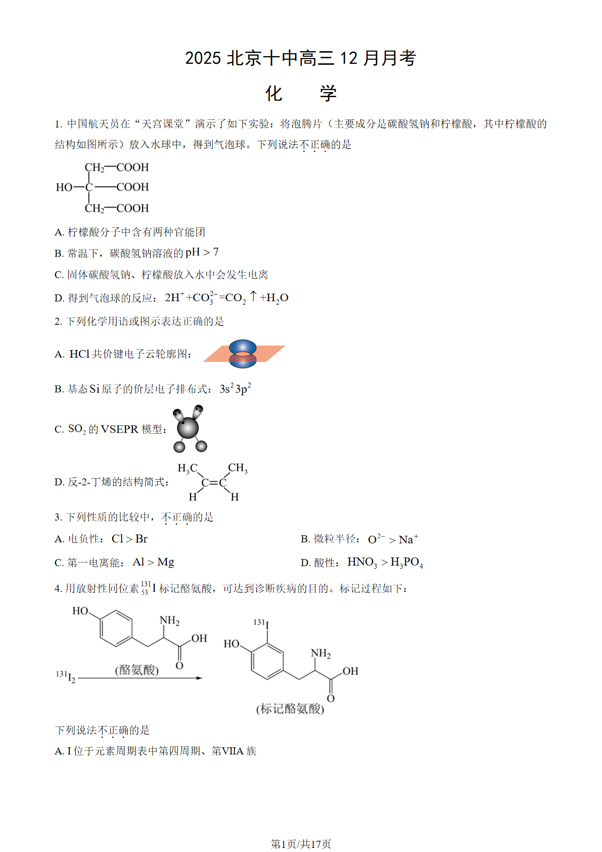 2025-2026学年北京十中高三12月月考化学试题及答案