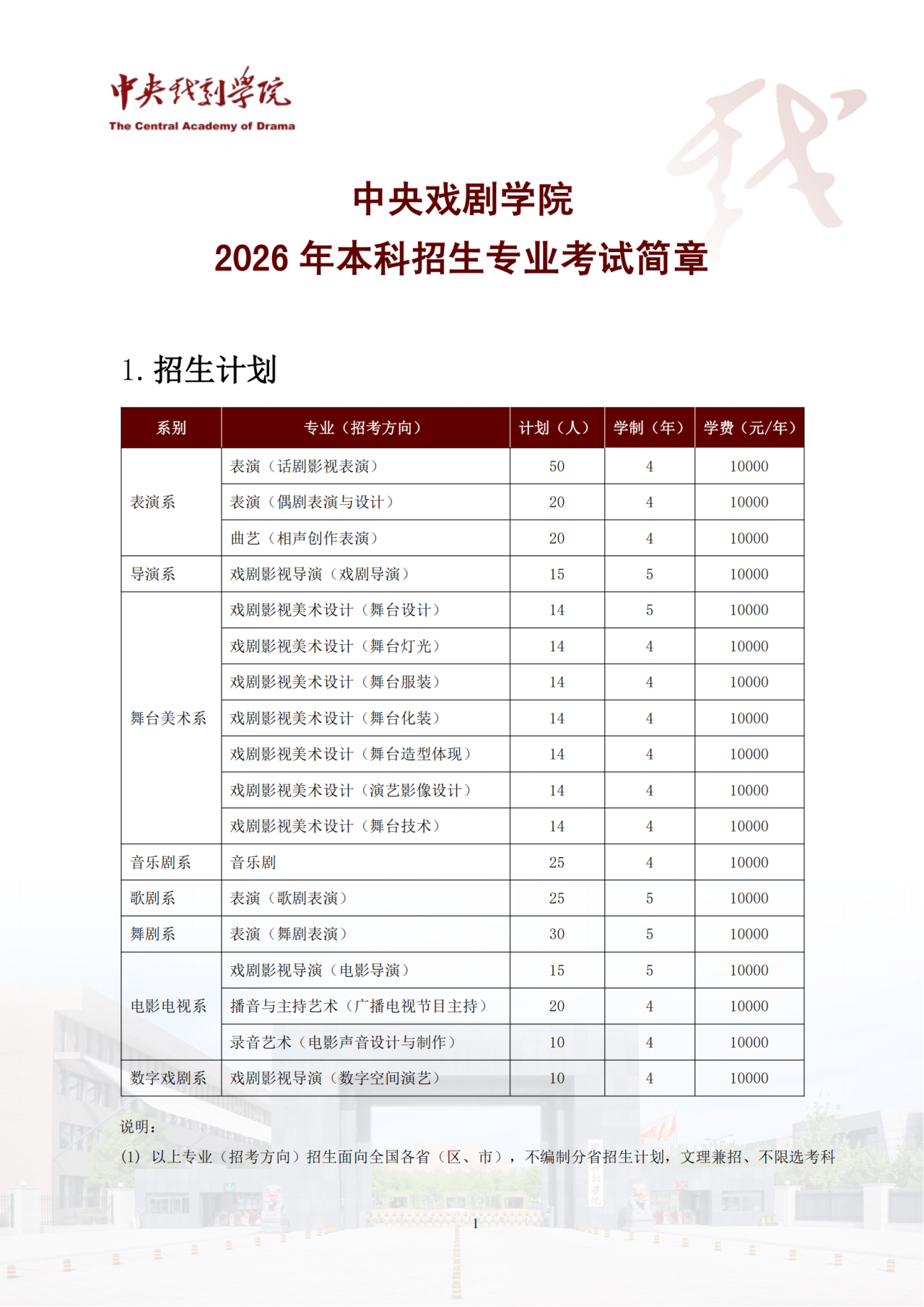中央戏剧学院2026年本科招生招生简章