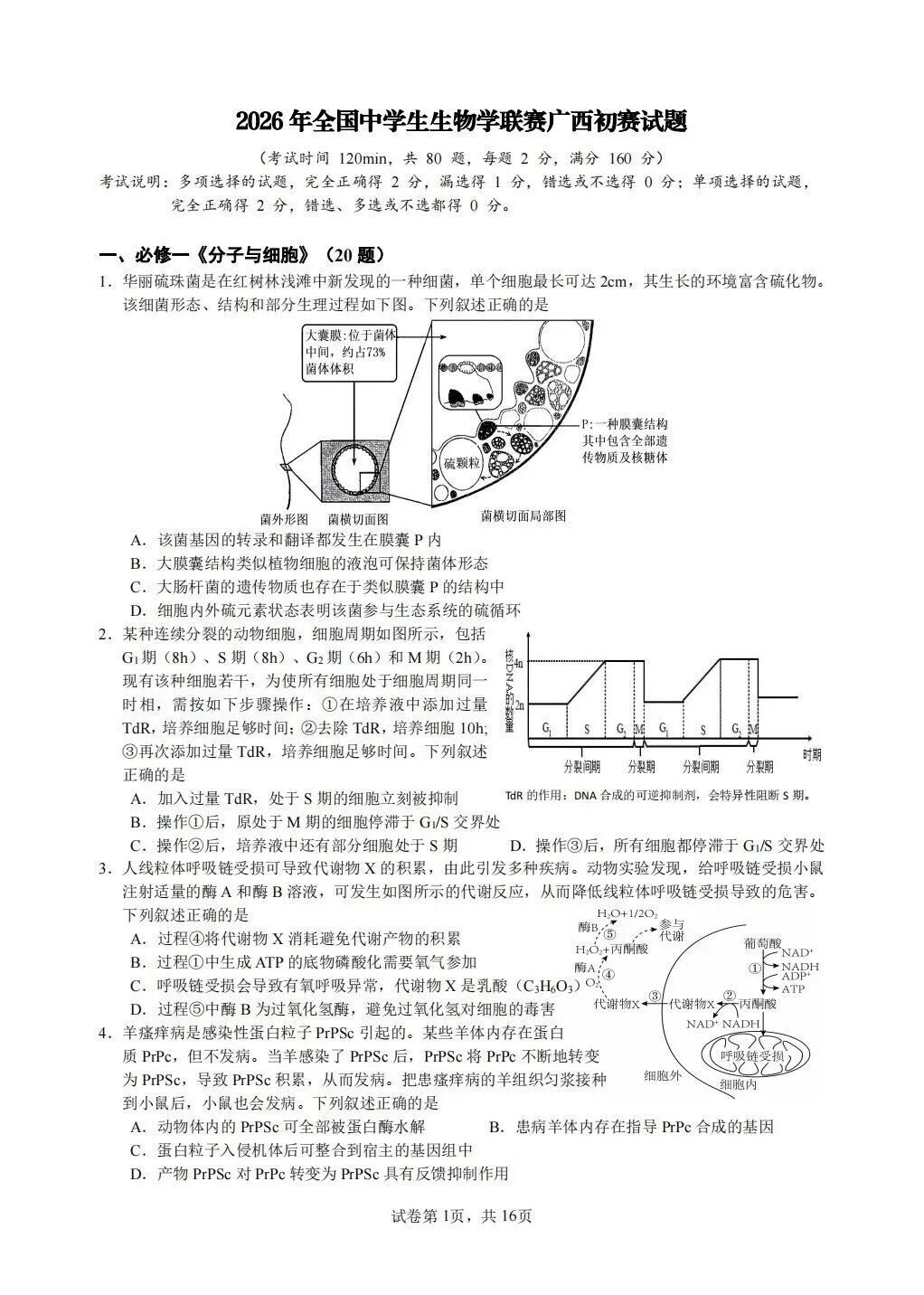 2026年中学生生物学联赛广西赛区初赛试题及答案