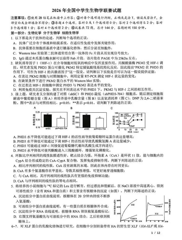 2026年全国中学生生物学联赛试题及答案