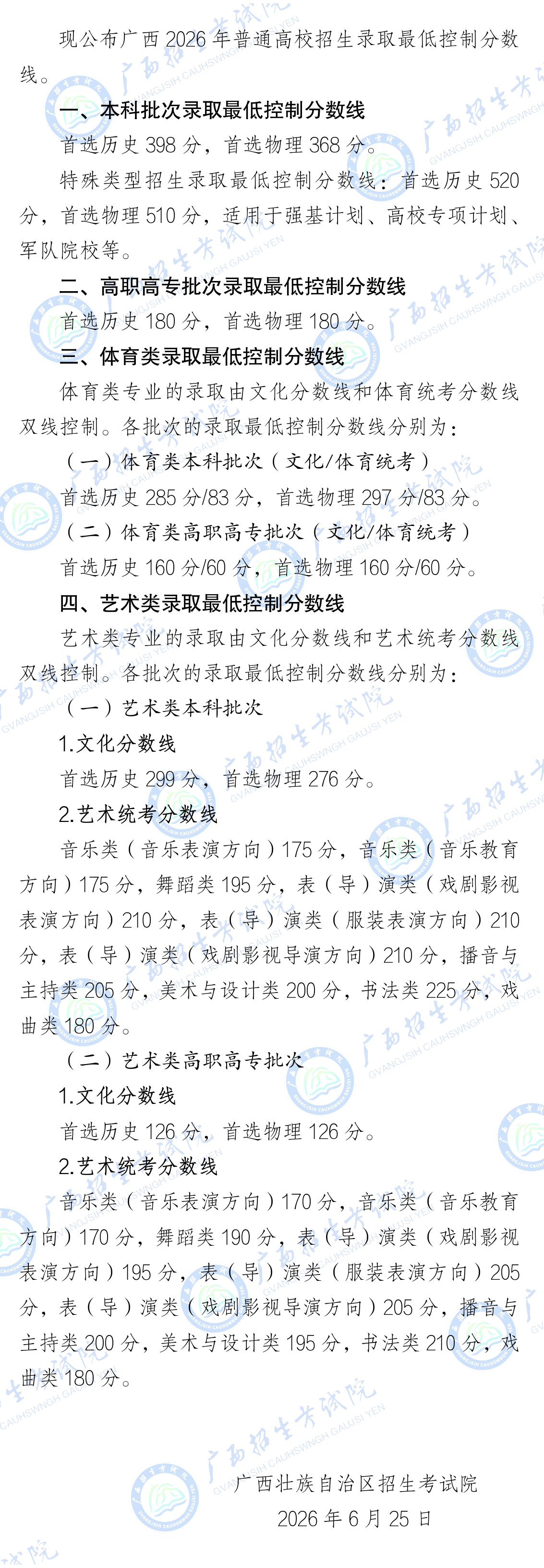 2026广西高考录取最低控制分数线