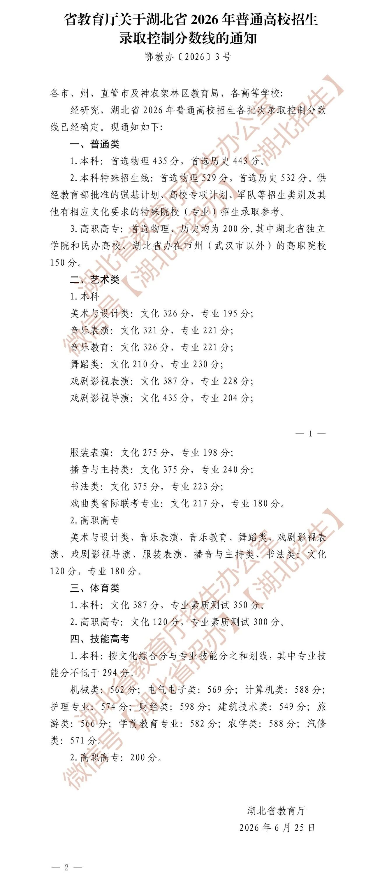 2026湖北高考录取最低控制分数线