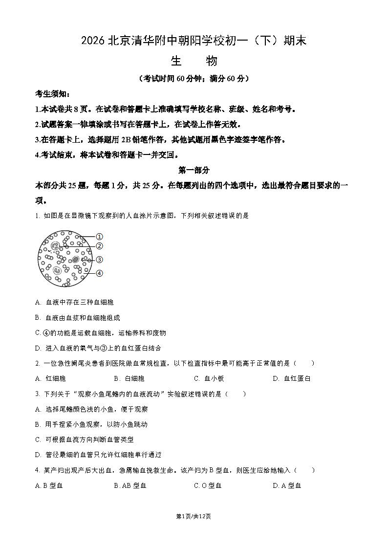 2026北京清华附中朝阳学校初一（下）期末生物试题及答案