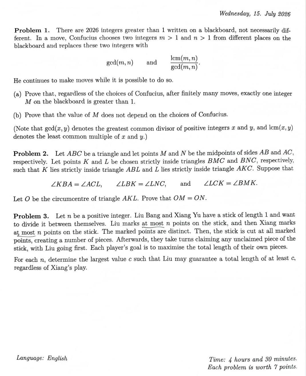 2026第67届国际数学奥林匹克(IMO)第一天试题
