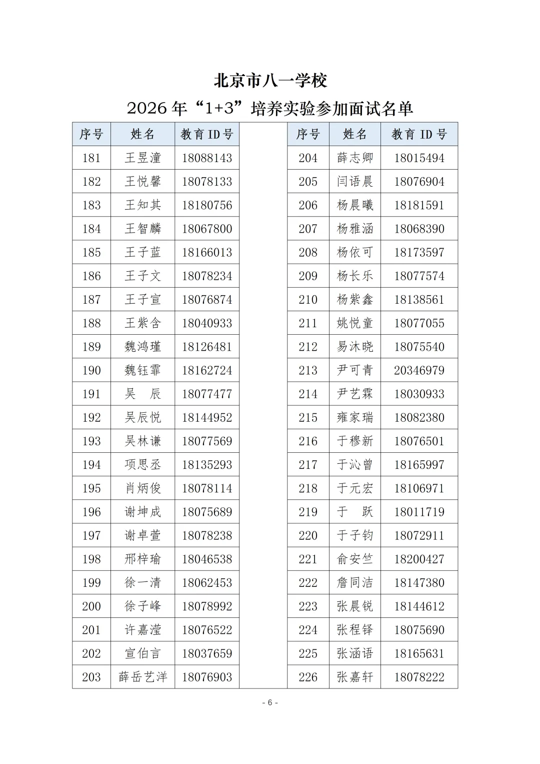 北京市八一学校2026年“1+3”培养实验面试名单