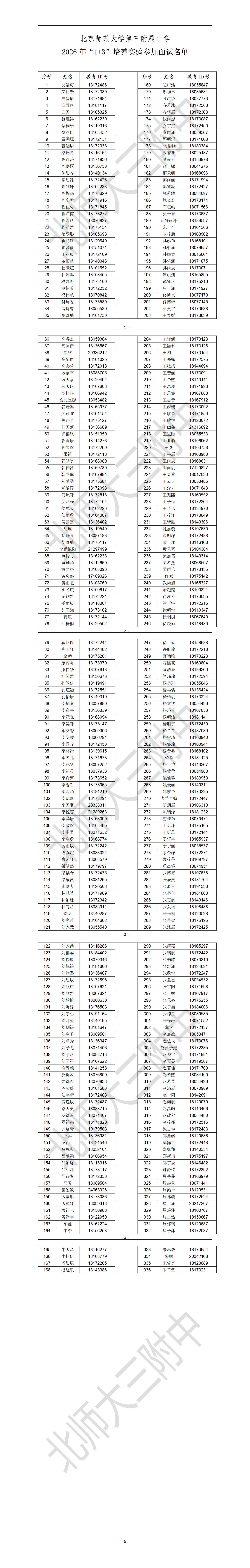 北京师范大学第三附属中学2026年1+3项目面试名单