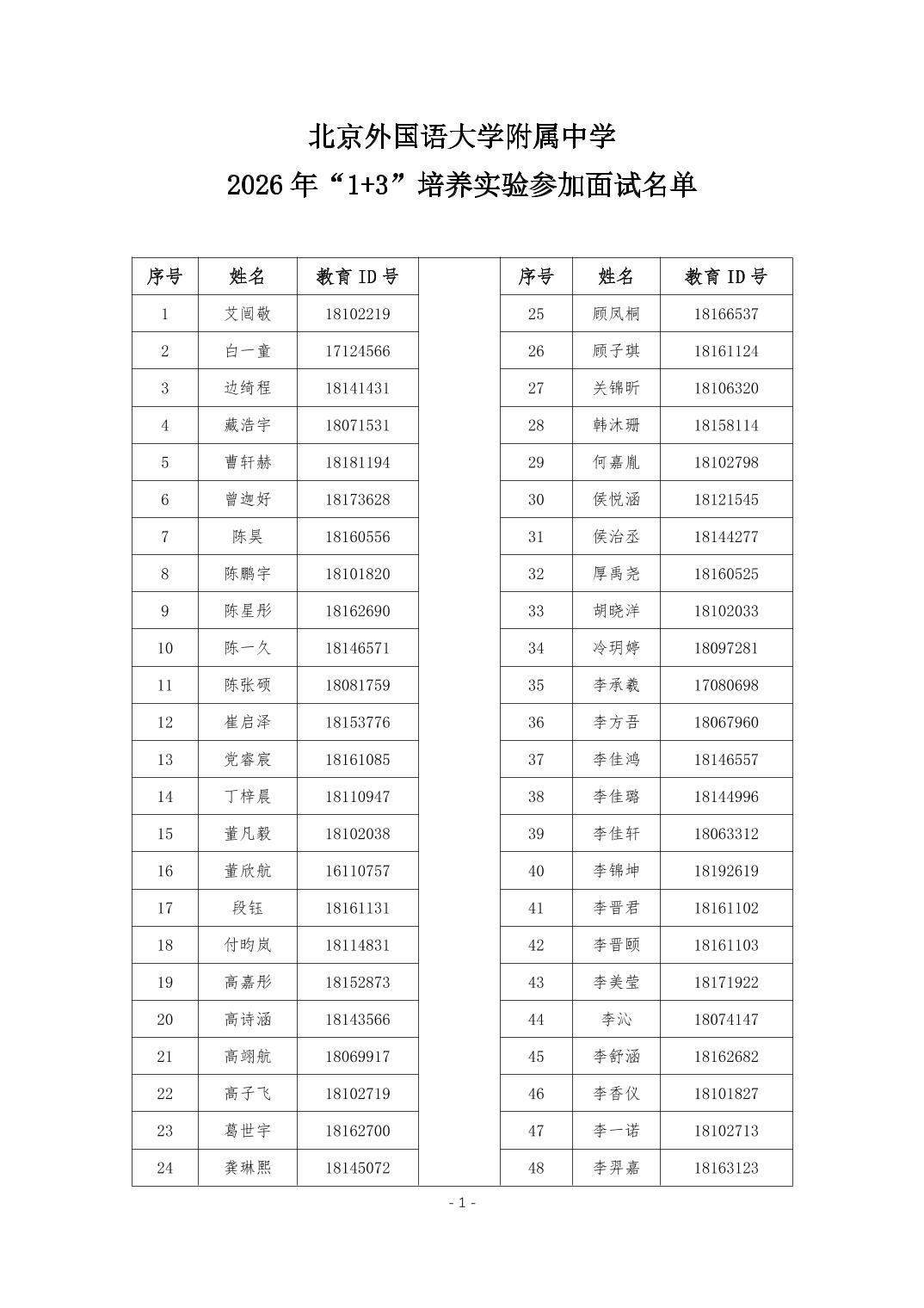 北京外国语大学附属中学2026年1+3项目面试名单