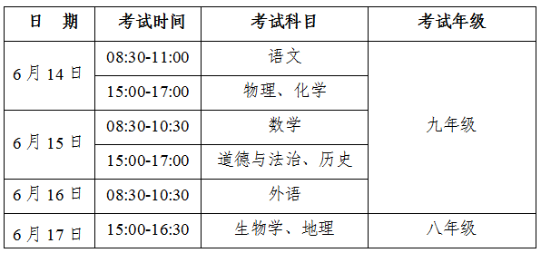 安徽省2026年中考时间确定：6月14日-17日