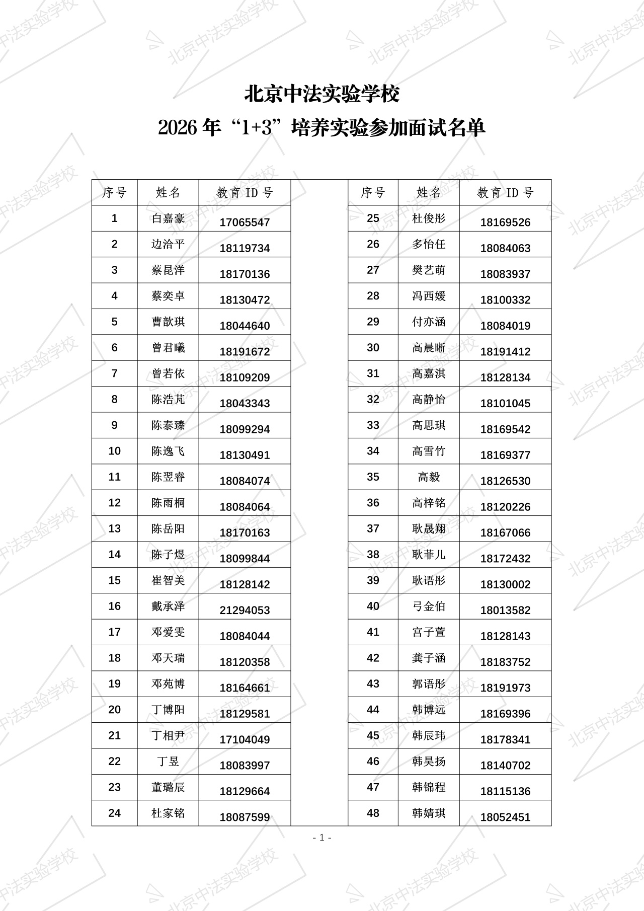 北京中法实验学校2026年1+3项目面试名单