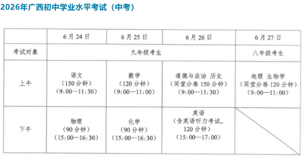 2026年广西中考考试时间已公布：6月24日-6月27日