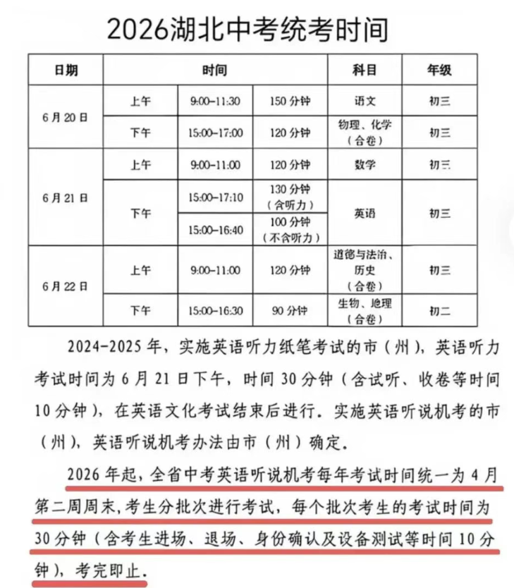 湖北2026年中考时间确定：6月20日-22日