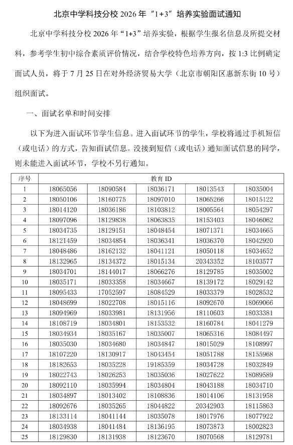 北京中学科技分校2026年1+3项目面试名单